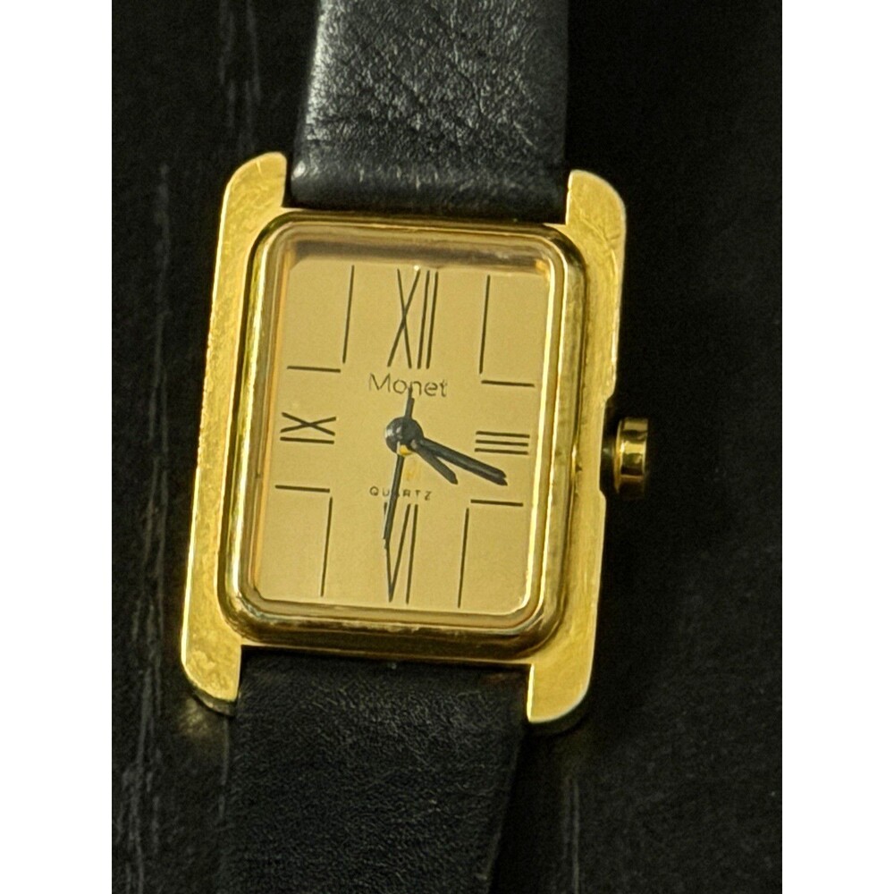 Vintage Monet Swiss Movement Rectangular Gold Tone Watch Black Band